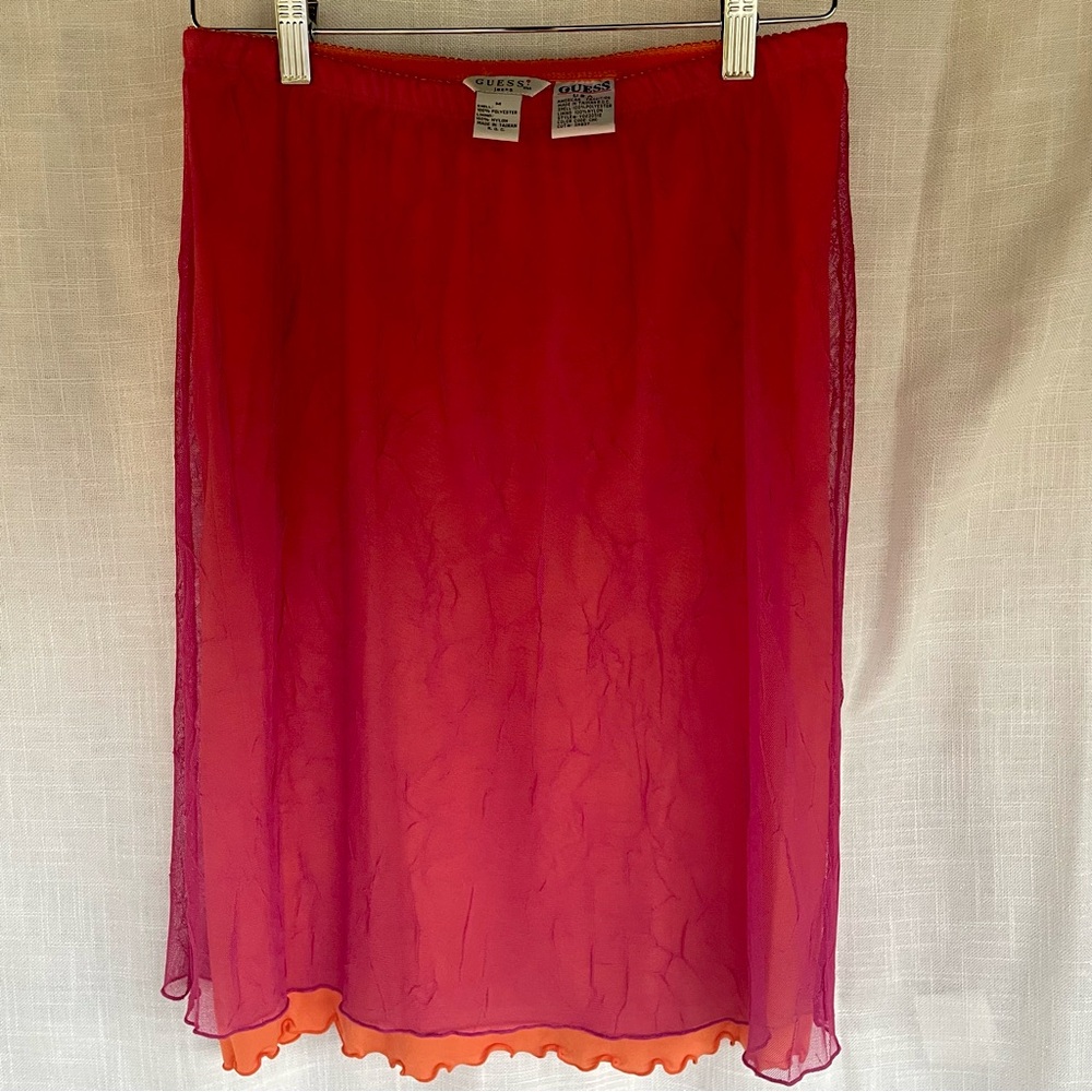 Vintage Guess Red and Orange Mesh Midi Skirt